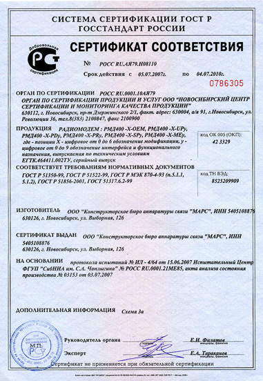 Свидетельство о добровольной сертификации радиомодемов RMD400
